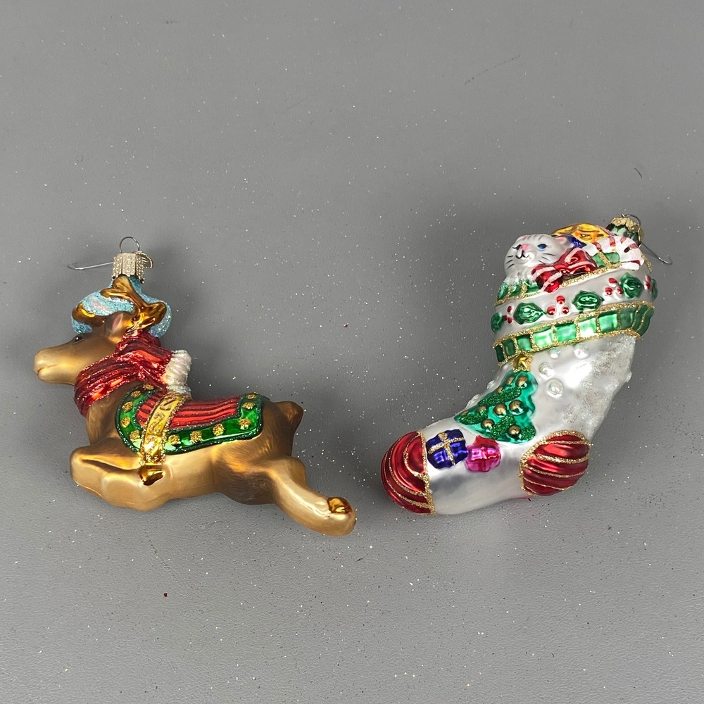 Old World Christmas Glass Holiday Ornaments Flying Reindeer & Cat In Stocking